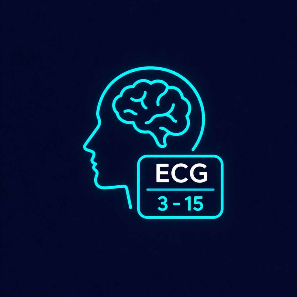 Ícone ilustrativo da Escala de Coma de Glasgow (ECG 3-15) com cérebro em azul para avaliação neurológica.