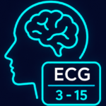 Ícone ilustrativo da Escala de Coma de Glasgow (ECG 3-15) com cérebro em azul para avaliação neurológica.