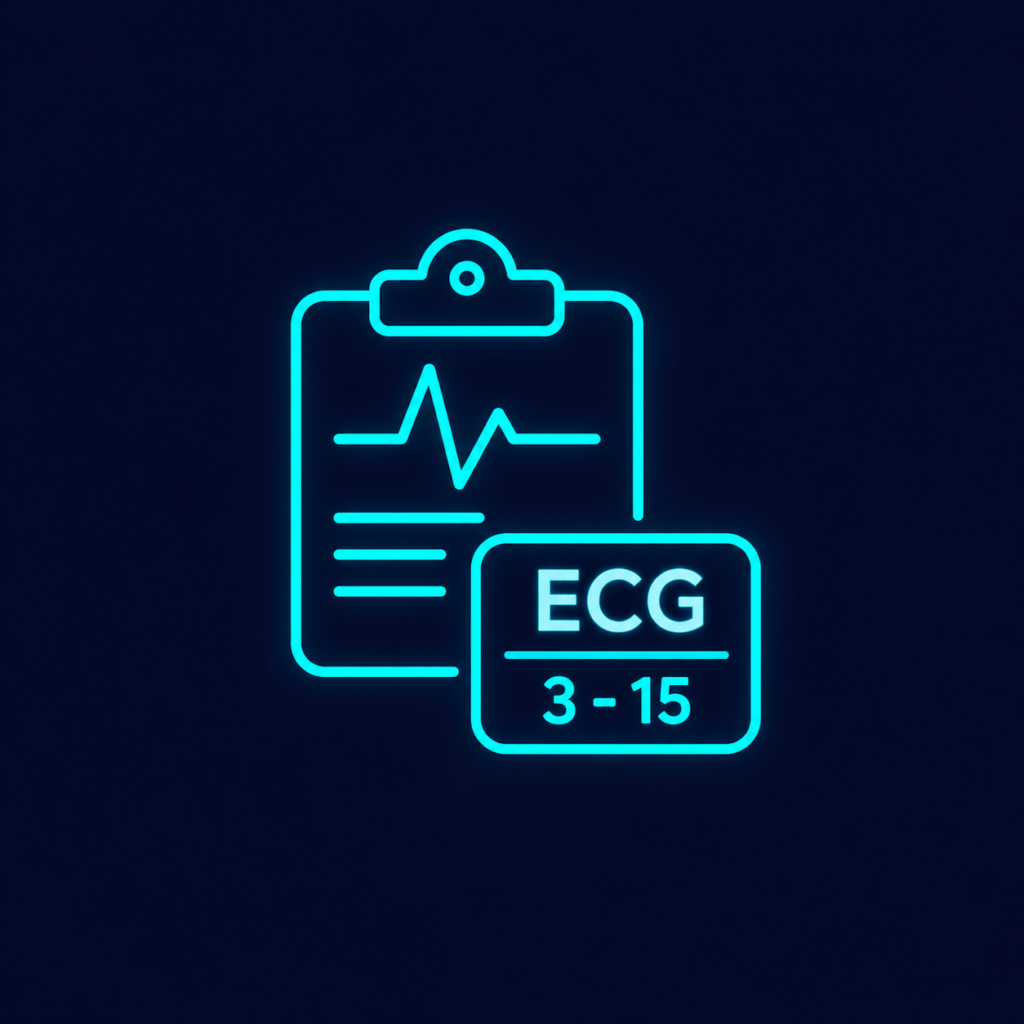 Ilustração minimalista da Escala de Coma de Glasgow (ECG), representada por uma prancheta médica com pontuação de 3 a 15.