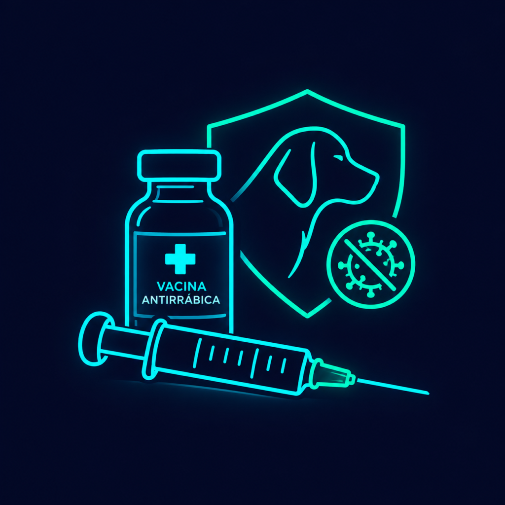 Ilustração minimalista da profilaxia antirrábica humana com vacina, seringa e símbolo de proteção contra a raiva.